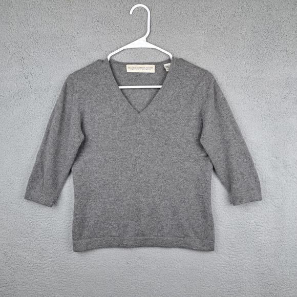 Valerie Stevens Petites Small Two Ply Cashmere Sweater Grey 3/4 Sleeve V-neck - Picture 1 of 5